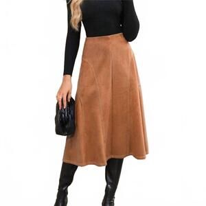 NEW UZWHOLESALE suede high waist midi skirt in cognac